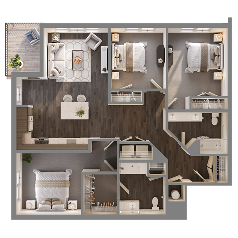 Floor plan for 3 beds, 2 baths, 1354 sqft